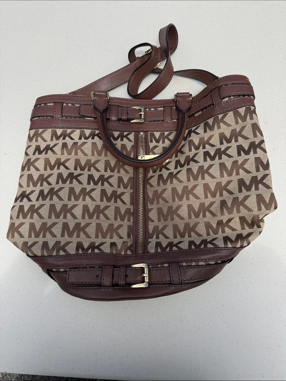 Michael Kors Brown and Tan MK Logo Messenger Tote